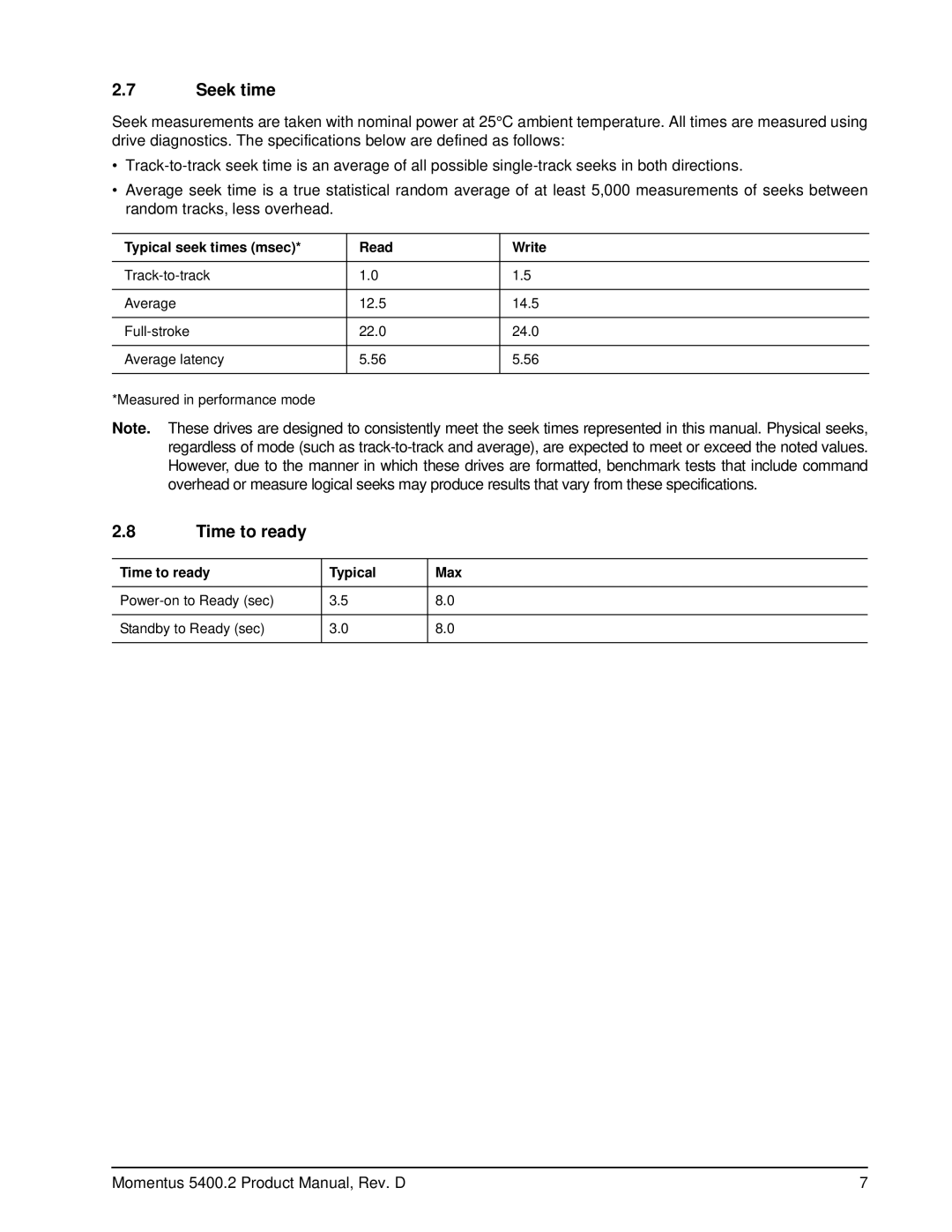 Seagate ST9308110A, ST9808211A, ST960822A manual Seek time, Typical seek times msec Read Write, Time to ready Typical Max 