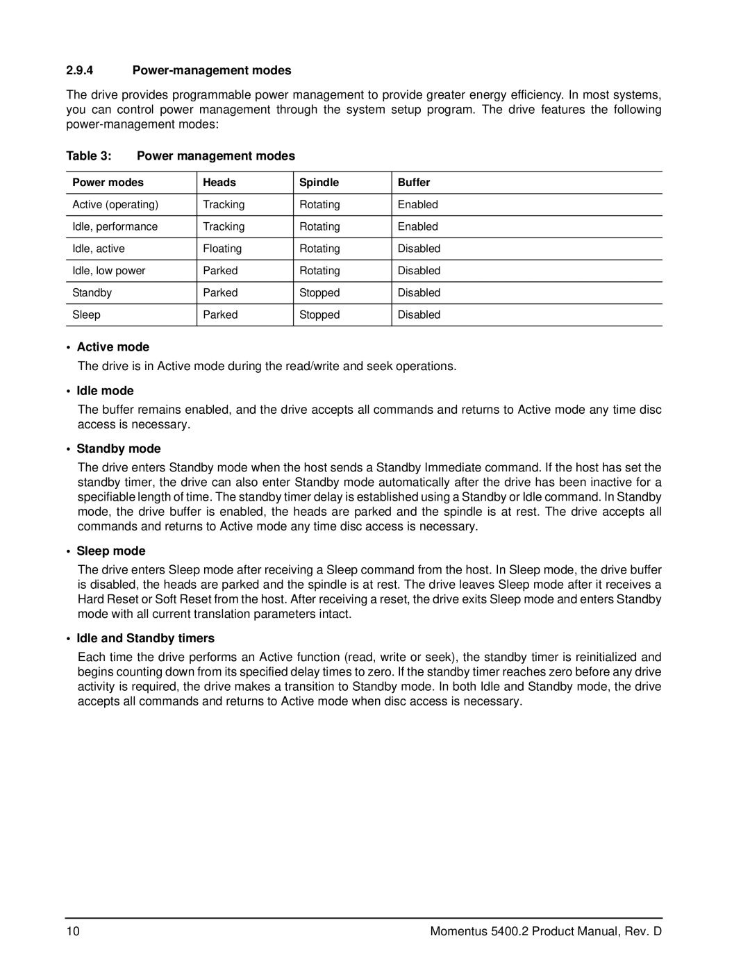 Seagate ST960822A, ST9808211A manual Power-management modes, Power management modes, Active mode, Idle mode, Sleep mode 