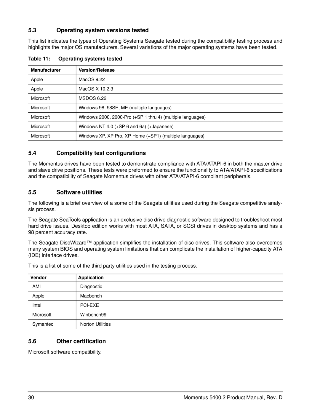 Seagate ST960822A, ST9808211A manual Operating system versions tested, Compatibility test configurations, Software utilities 