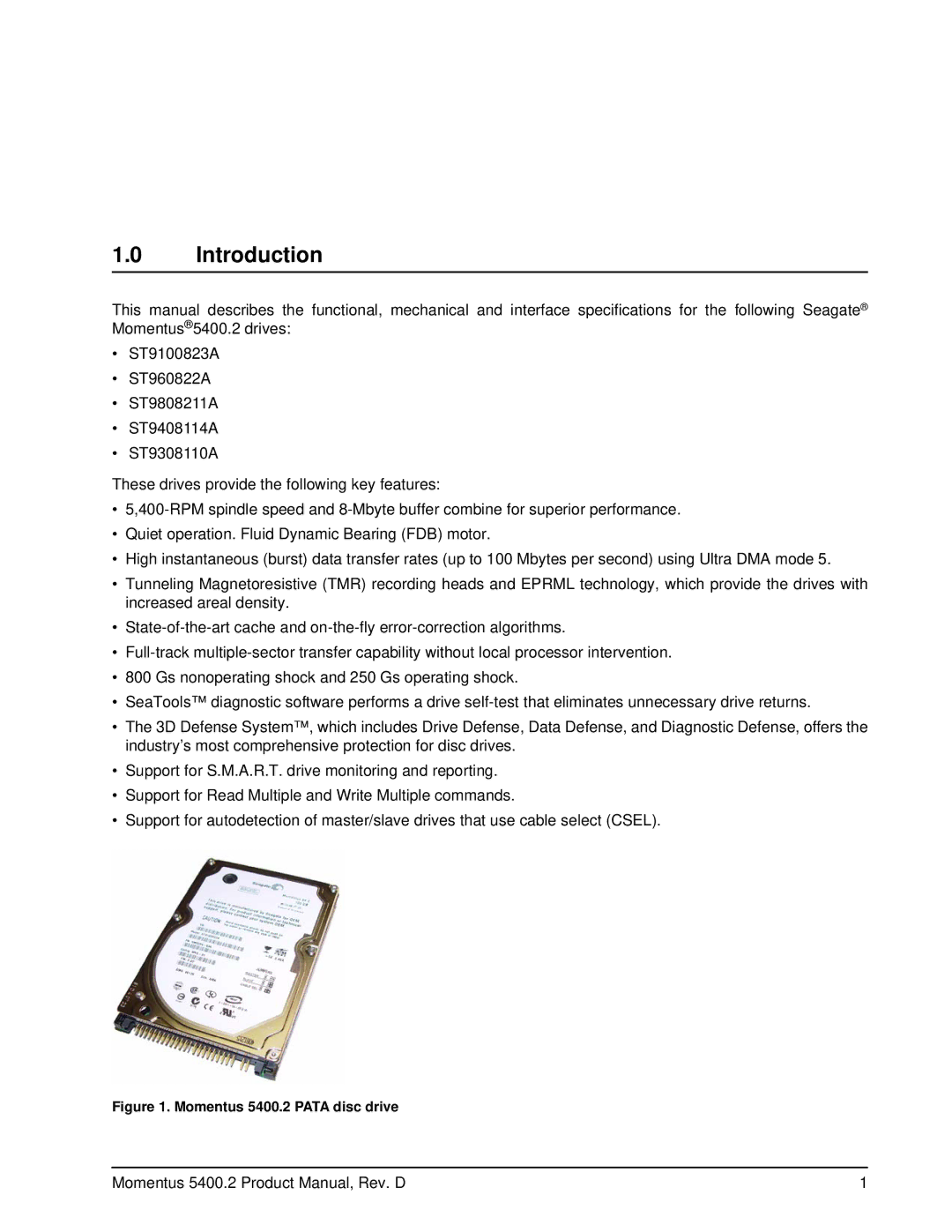 Seagate ST9408114A, ST9808211A, ST960822A, ST9308110A, ST9100823A manual Introduction, Momentus 5400.2 Pata disc drive 