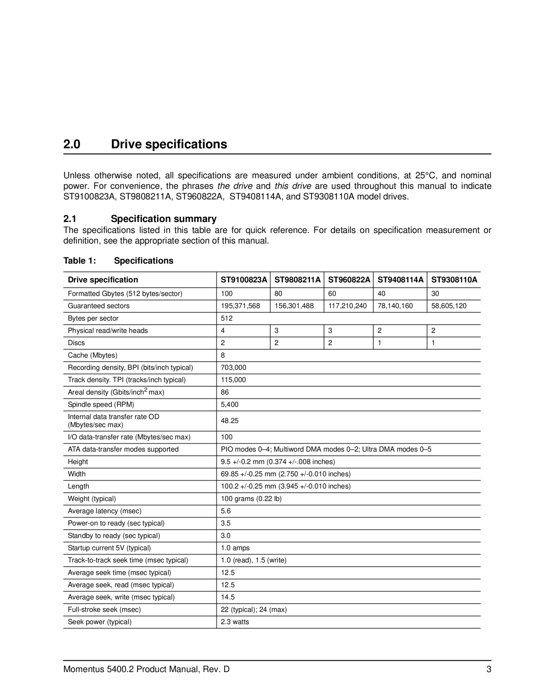 Seagate ST9100823A, ST9808211A, ST960822A, ST9408114A, ST9308110A Drive specifications, Specification summary, Specifications 