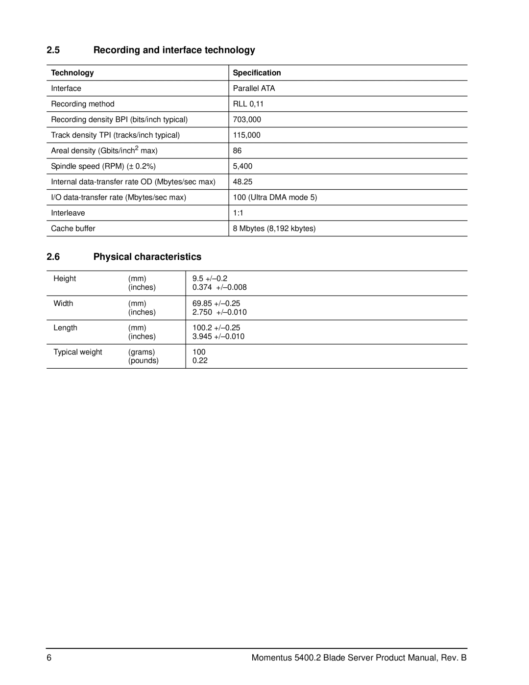 Seagate ST9808211AB, ST960822AB Recording and interface technology, Physical characteristics, Technology Specification 