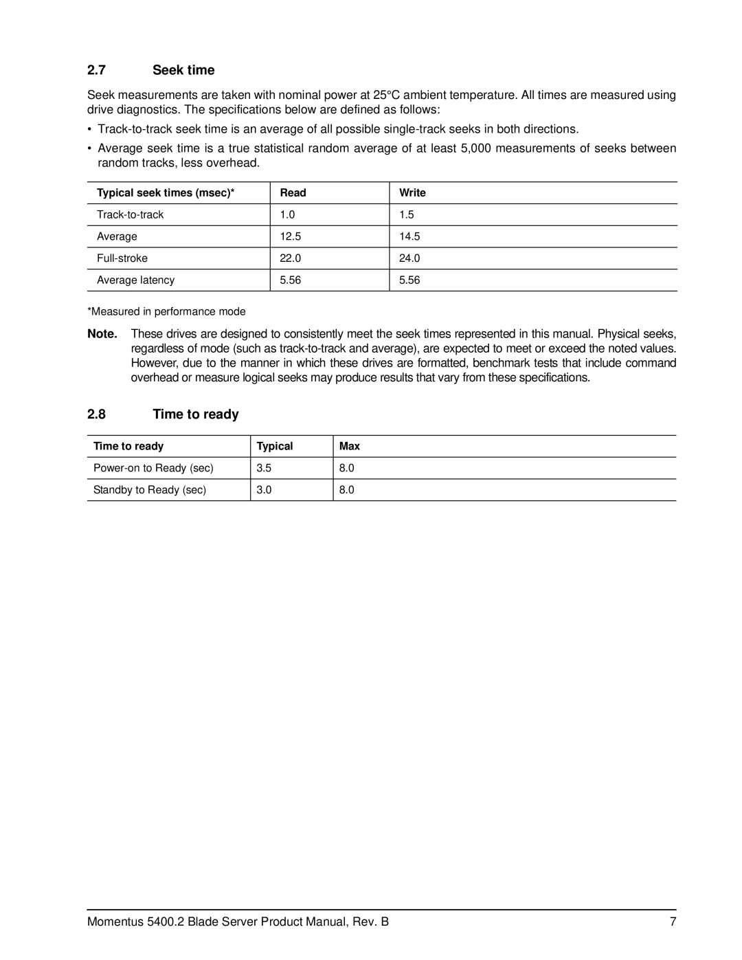 Seagate ST960822AB, ST9808211AB, ST9408114AB Seek time, Typical seek times msec Read Write, Time to ready Typical Max 