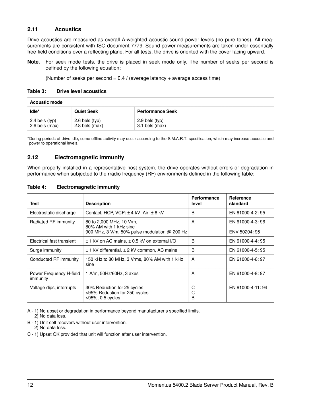 Seagate ST9408114AB, ST9808211AB, ST960822AB, ST9100823AB manual Acoustics, Electromagnetic immunity, Drive level acoustics 