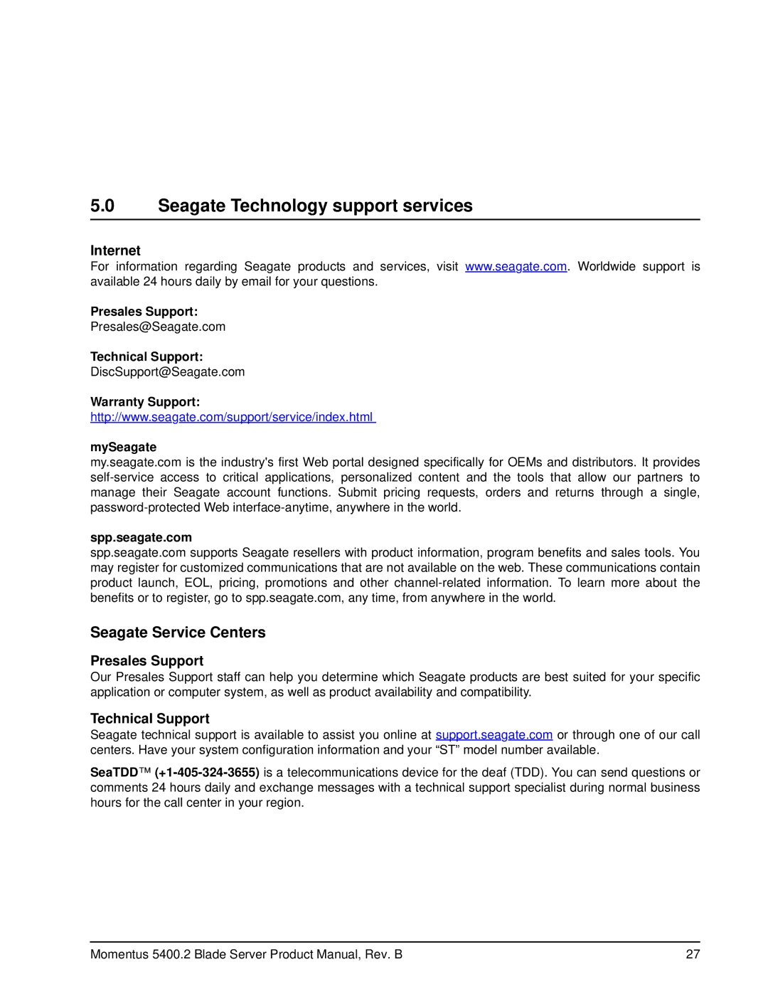 Seagate ST960822AB, ST9808211AB manual Seagate Technology support services, Internet, Presales Support, Technical Support 