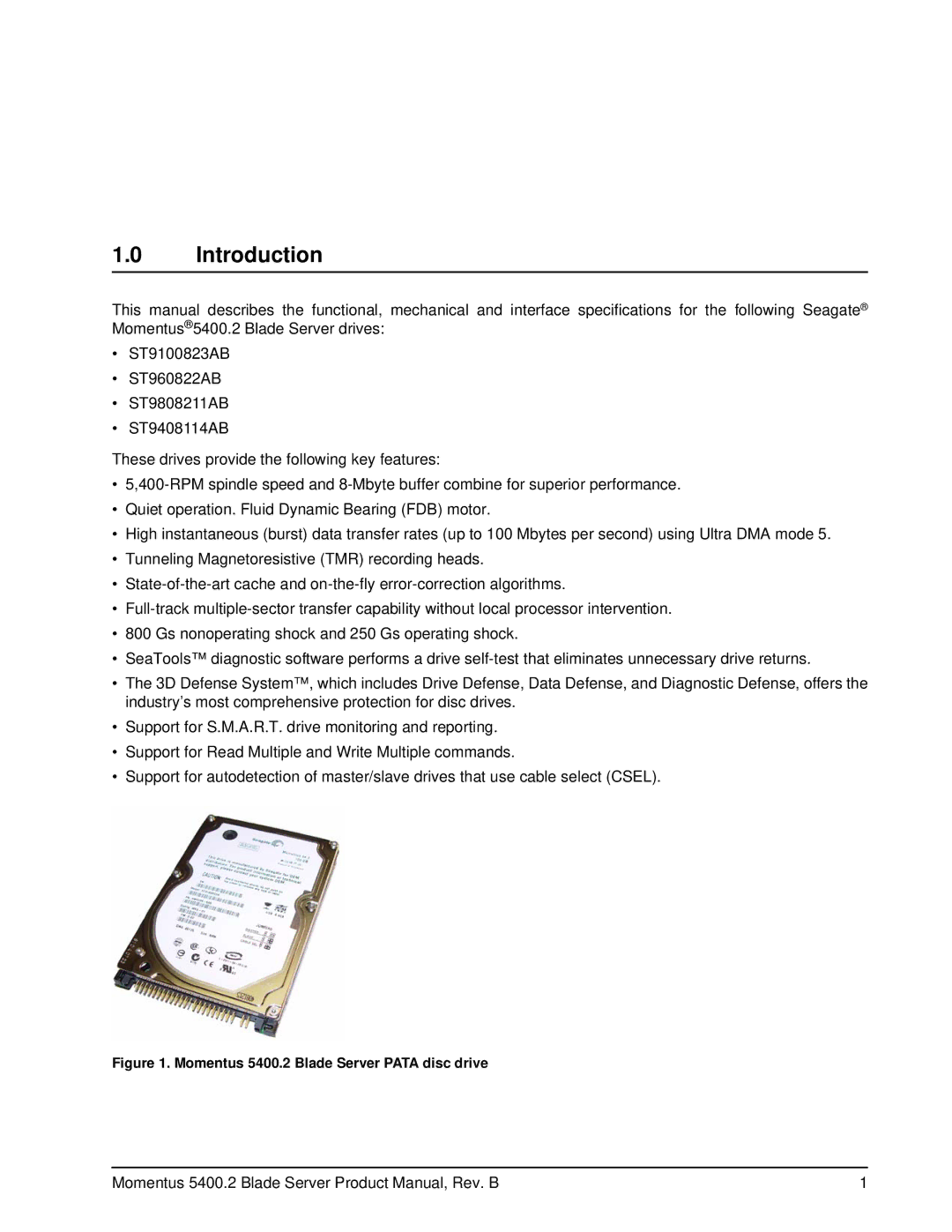 Seagate ST9100823AB, ST9808211AB, ST960822AB, ST9408114AB manual Introduction, Momentus 5400.2 Blade Server Pata disc drive 