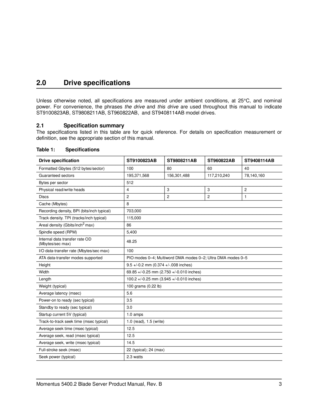 Seagate ST960822AB, ST9808211AB, ST9408114AB, ST9100823AB manual Drive specifications, Specification summary, Specifications 