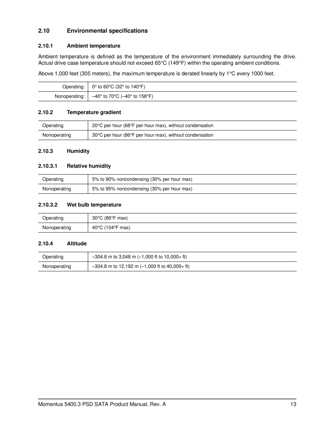 Seagate ST9608210AS, ST9808212AS, ST91608220AS, ST91208220AS, ST91008220AS manual Environmental specifications 