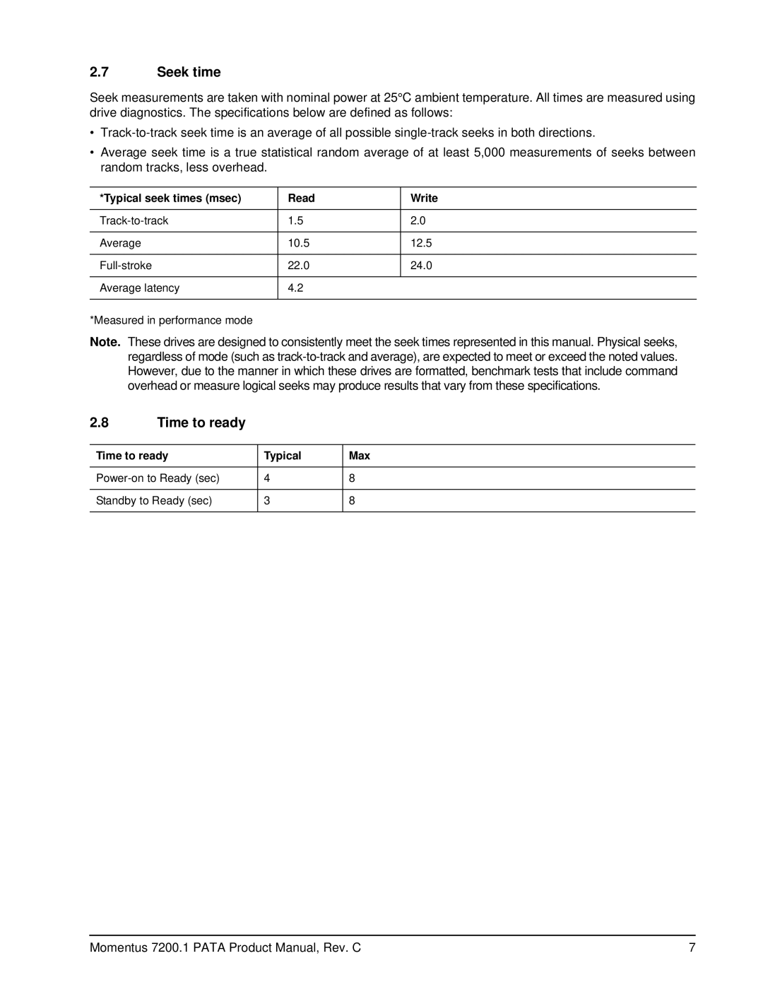 Seagate ST96023A, ST980825A, ST94015A manual Seek time, Typical seek times msec Read Write, Time to ready Typical Max 