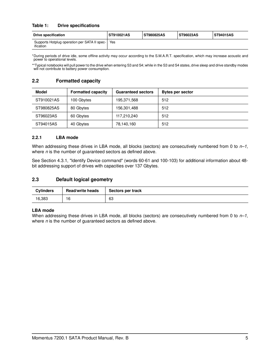 Seagate ST910021AS, ST980825AS, ST96023AS, ST94015AS manual Formatted capacity, Default logical geometry, LBA mode 