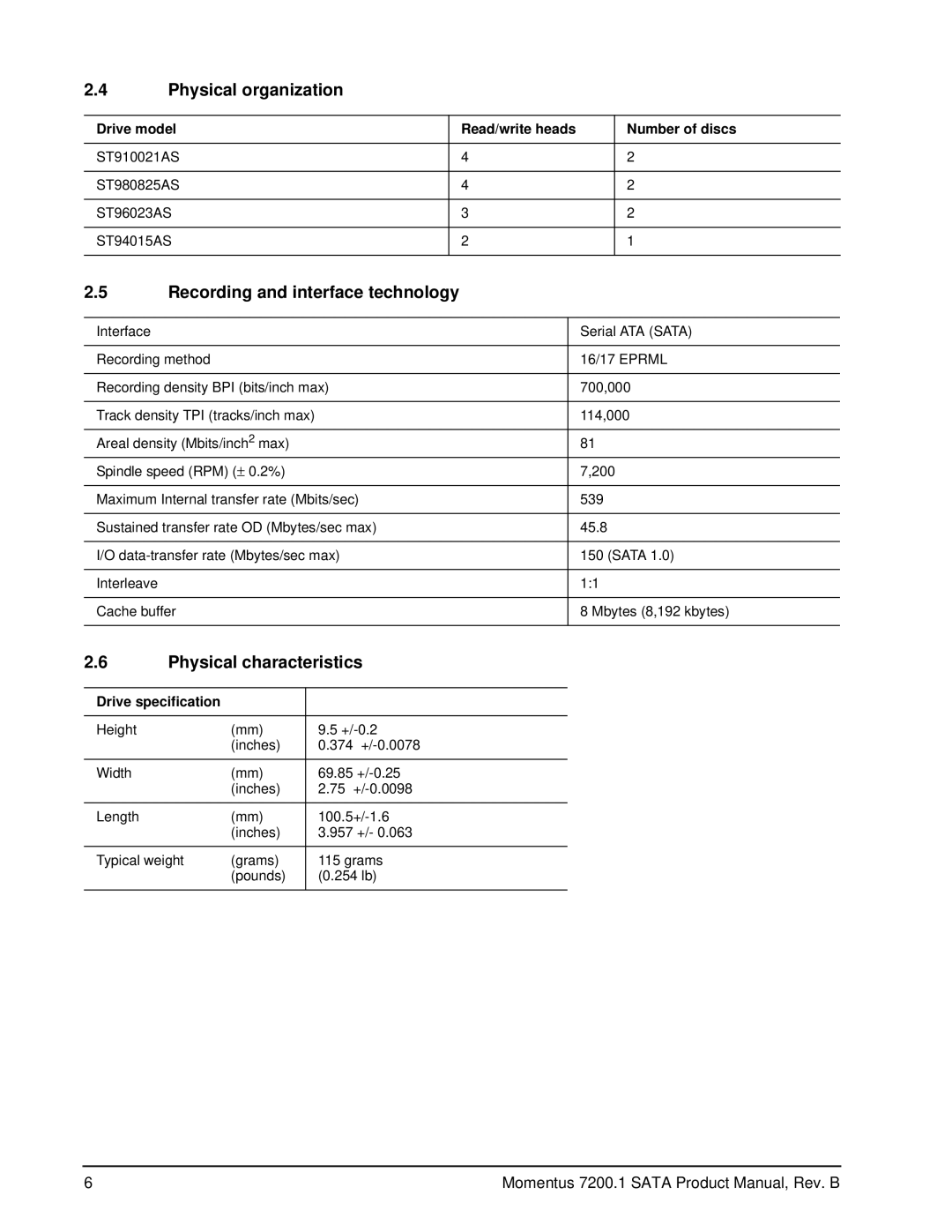 Seagate ST980825AS, ST96023AS manual Physical organization, Recording and interface technology, Physical characteristics 