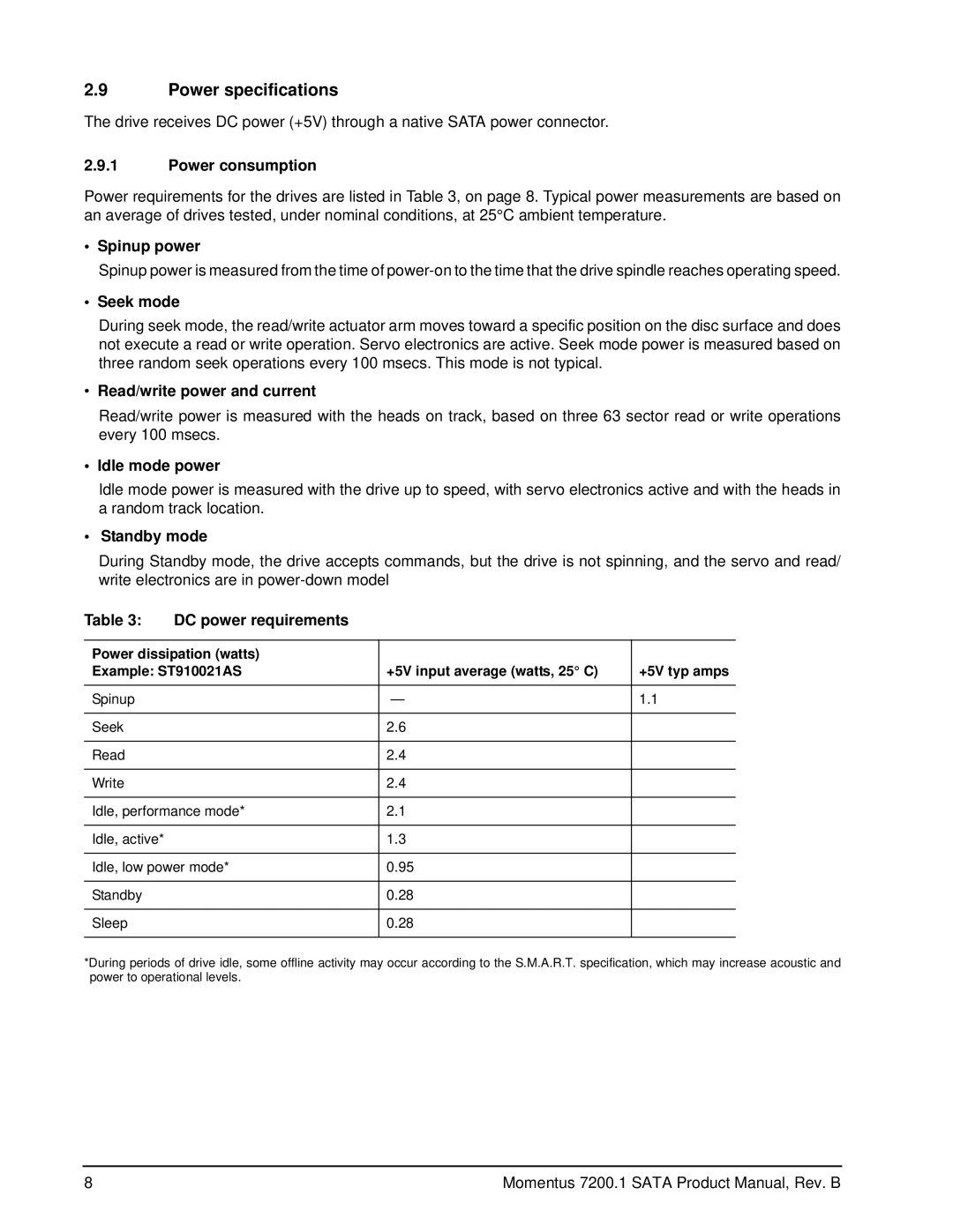 Seagate ST94015AS, ST980825AS, ST96023AS, ST910021AS manual Power specifications 