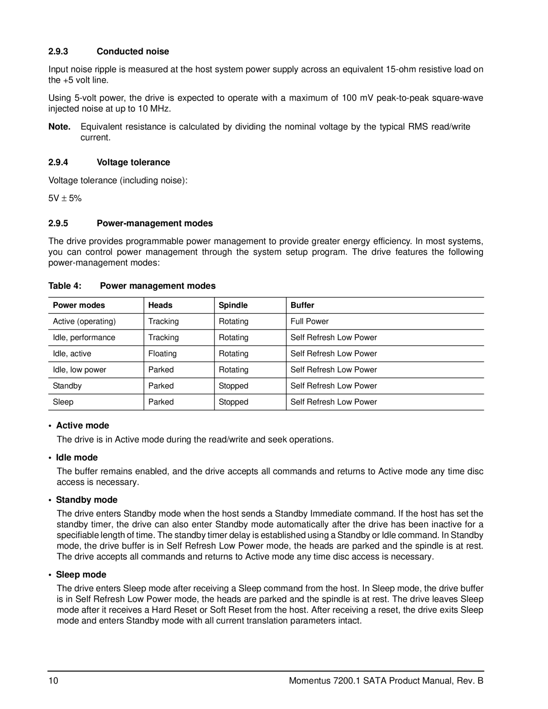 Seagate ST980825AS manual Conducted noise, Voltage tolerance, Power-management modes, Power management modes, Active mode 