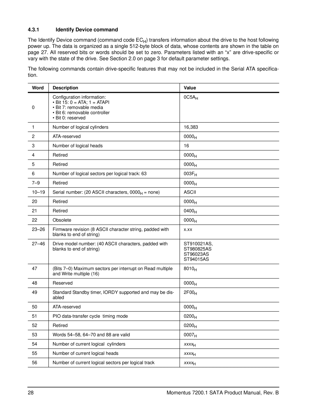 Seagate ST94015AS, ST980825AS, ST96023AS, ST910021AS manual Identify Device command, Word Description Value 