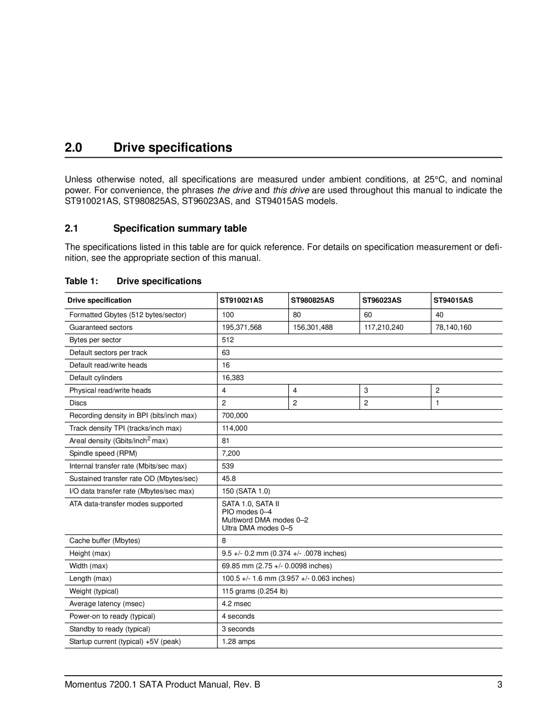 Seagate ST96023AS, ST980825AS, ST94015AS, ST910021AS manual Drive specifications, Specification summary table 