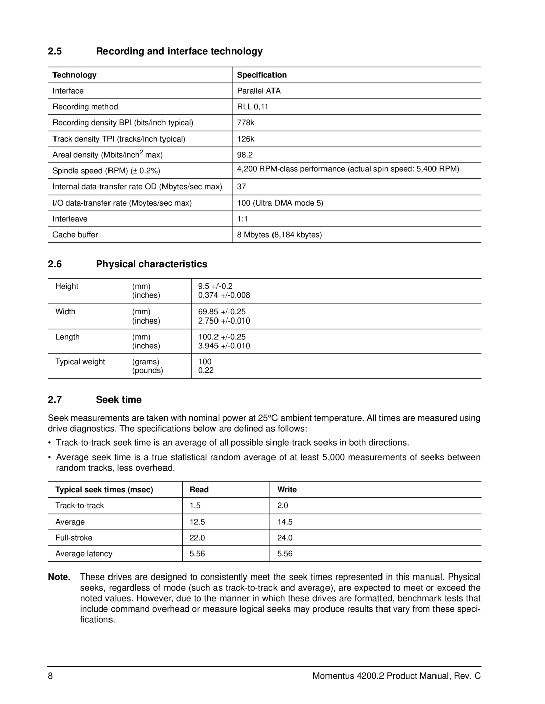 Seagate ST980829A manual Recording and interface technology, Physical characteristics, Seek time, Technology Specification 