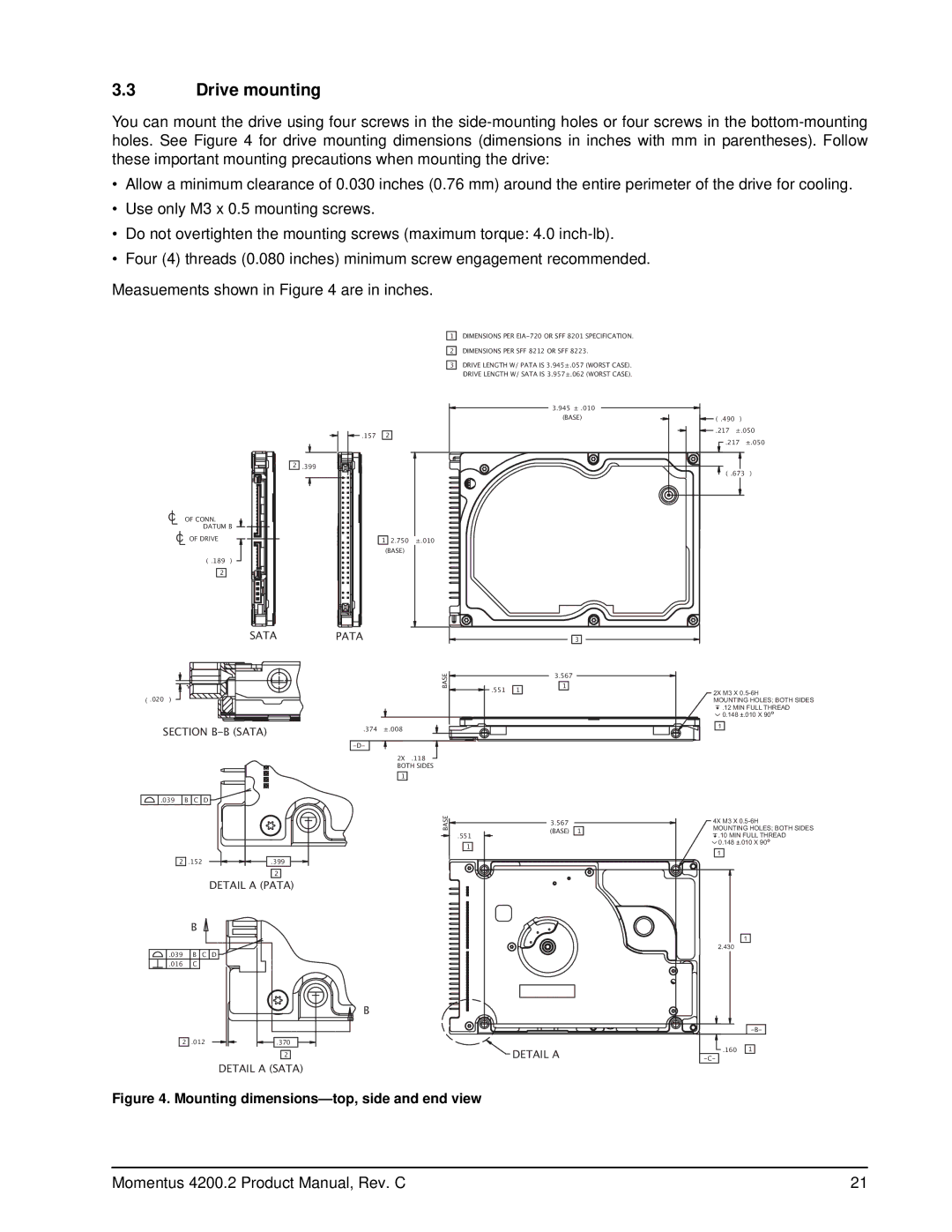 Seagate ST9100825A, ST980829A, ST960812A, ST950814A, ST9402112A Drive mounting, Mounting dimensions-top, side and end view 