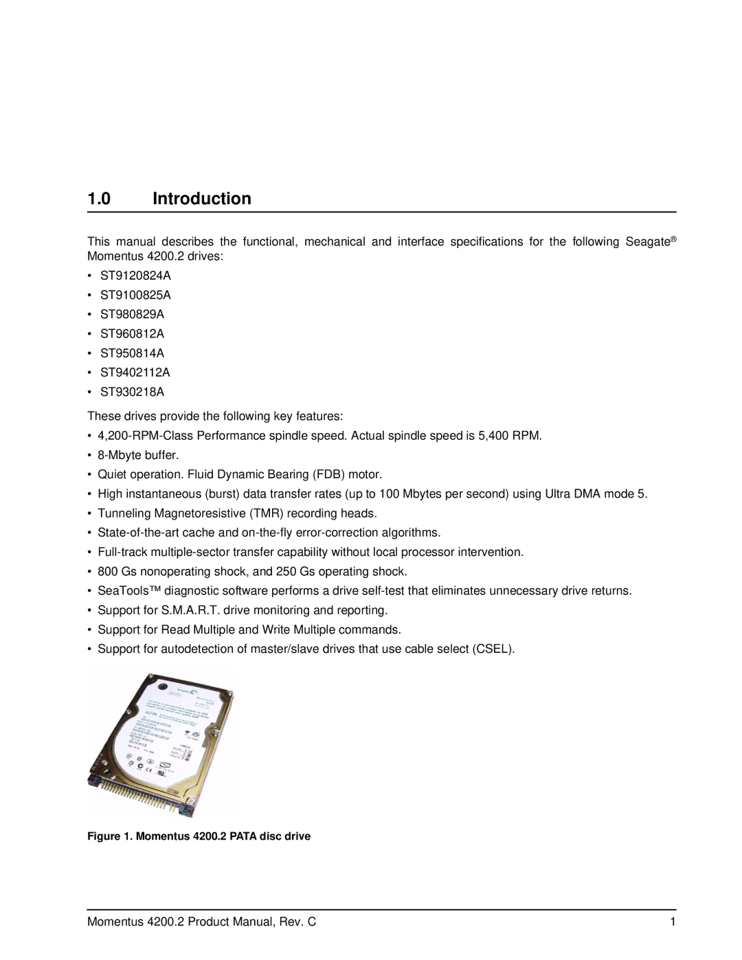 Seagate ST980829A, ST960812A, ST950814A, ST9402112A, ST930218A, ST9120824A manual Introduction, Momentus 4200.2 Pata disc drive 