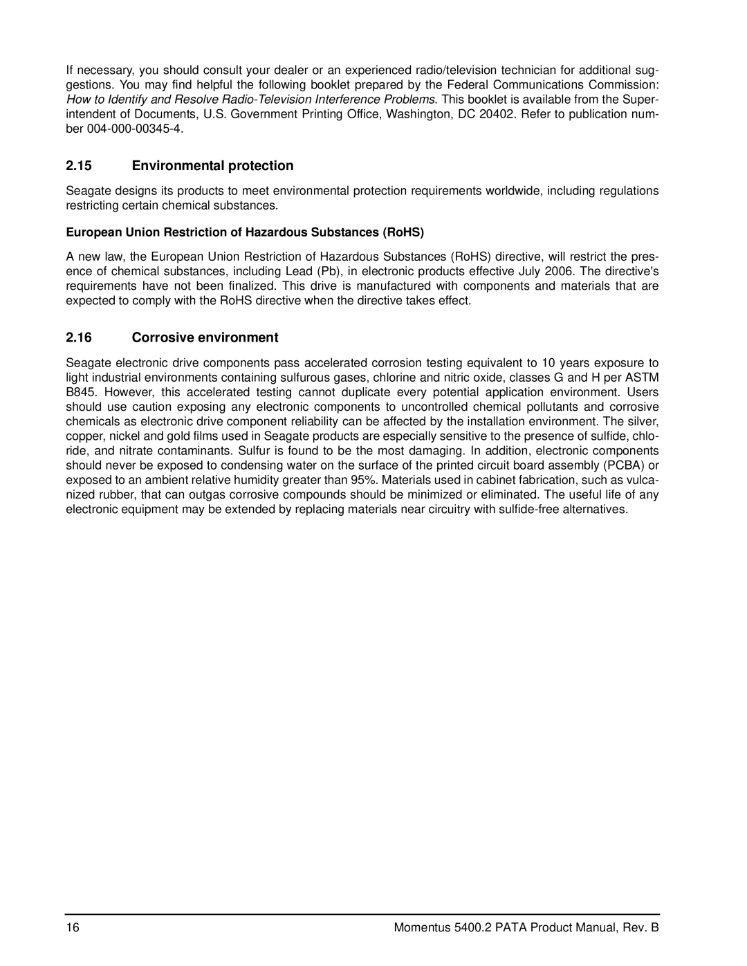 Seagate ST9120821A, ST98823A, ST96812A, ST94813A, ST93811A, ST9100824A manual Environmental protection, Corrosive environment 