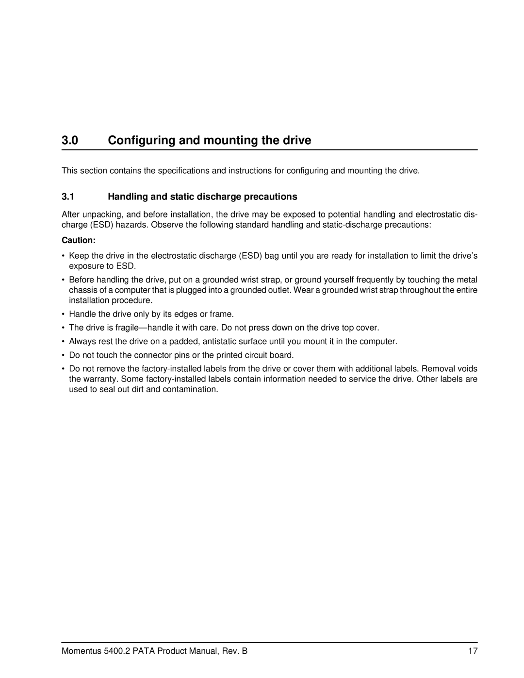 Seagate ST9100824A, ST98823A, ST96812A manual Configuring and mounting the drive, Handling and static discharge precautions 