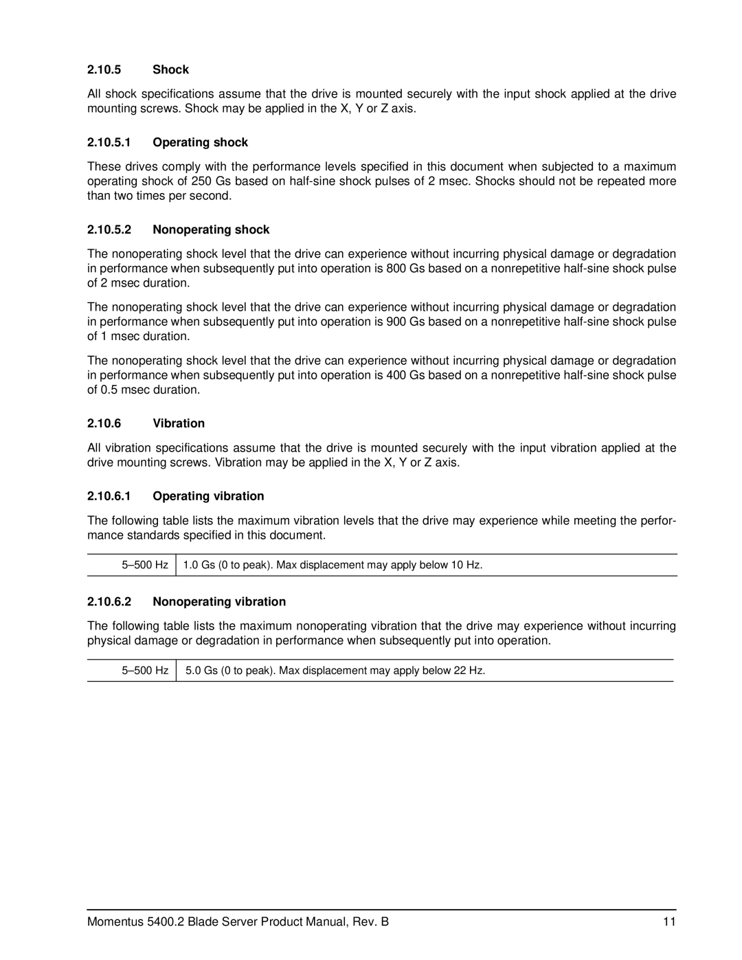 Seagate ST96812AB manual Shock, Operating shock, Nonoperating shock, Vibration, Operating vibration, Nonoperating vibration 