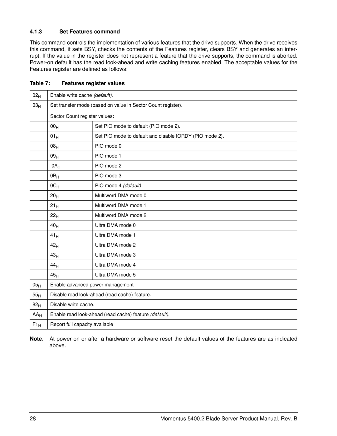 Seagate ST9120821AB, ST98823AB, ST94813AB, ST96812AB, ST100824AB manual Set Features command, Features register values 