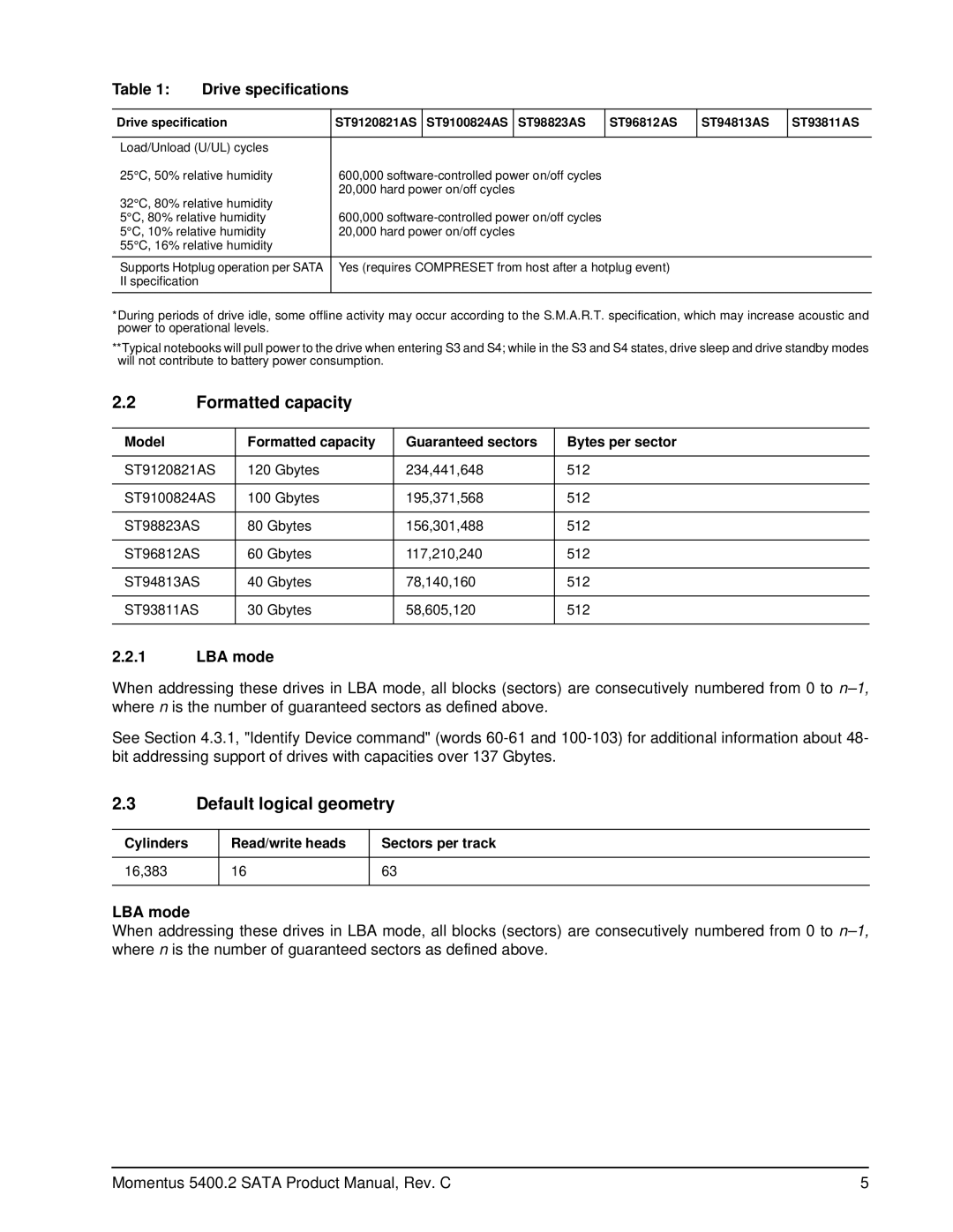 Seagate ST9100824AS, ST98823AS, ST96812AS, ST94813AS, ST93811AS manual Formatted capacity, Default logical geometry, LBA mode 