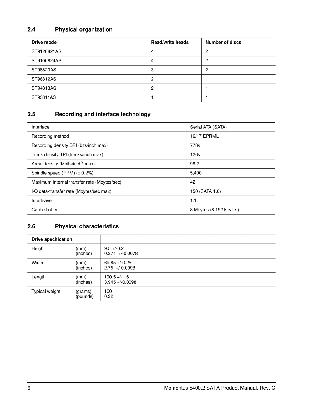 Seagate ST98823AS Physical organization, Recording and interface technology, Physical characteristics, Drive specification 