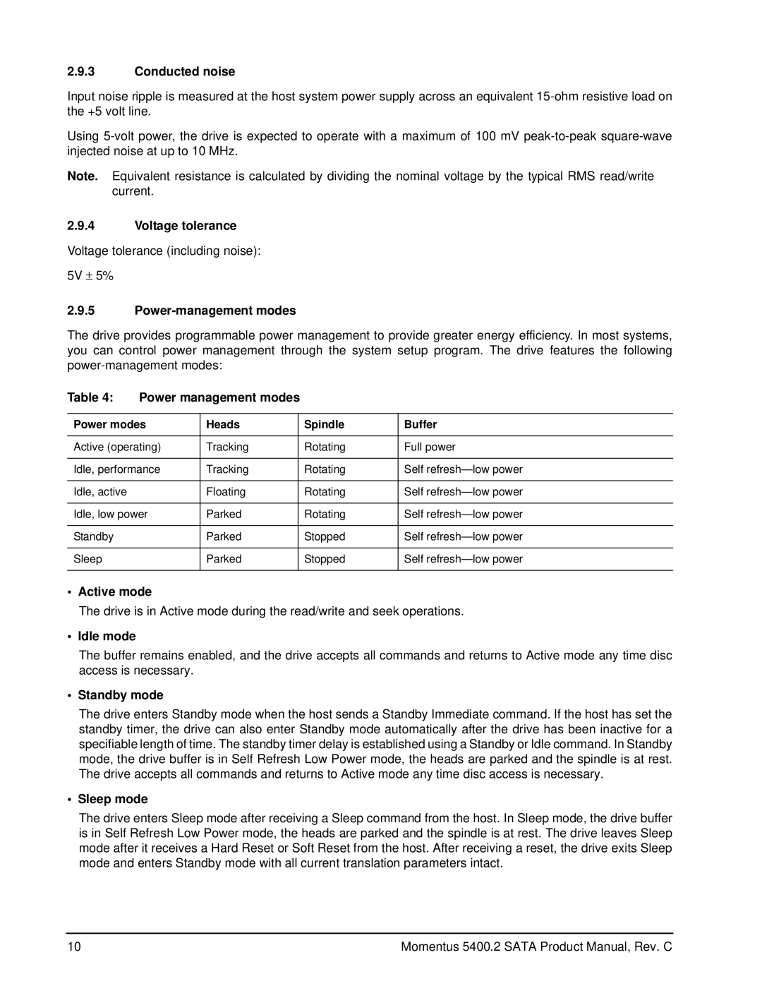 Seagate ST9120821AS manual Conducted noise, Voltage tolerance, Power-management modes, Power management modes, Active mode 