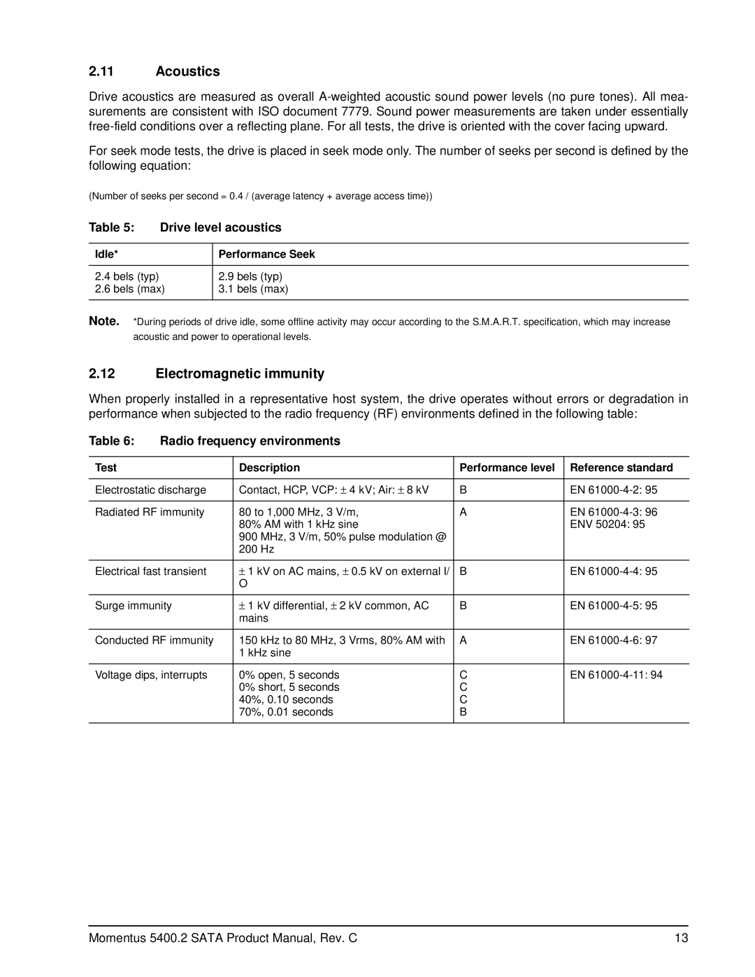 Seagate ST96812AS, ST98823AS manual Acoustics, Electromagnetic immunity, Drive level acoustics, Radio frequency environments 
