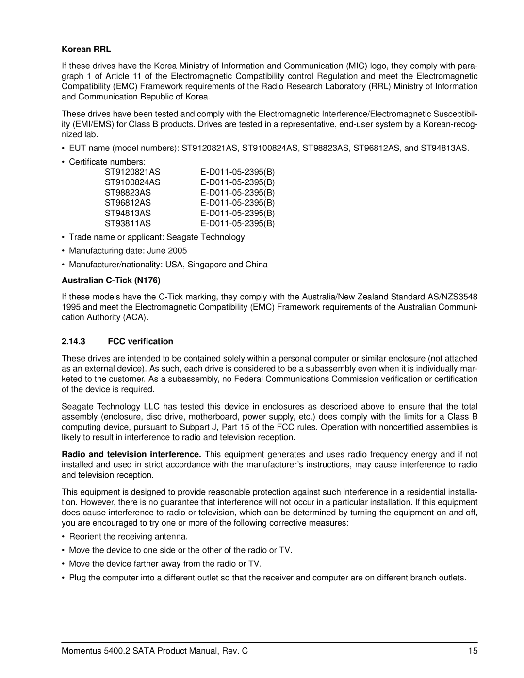 Seagate ST93811AS, ST98823AS, ST96812AS, ST94813AS, ST9120821AS manual Korean RRL, Australian C-Tick N176, FCC verification 