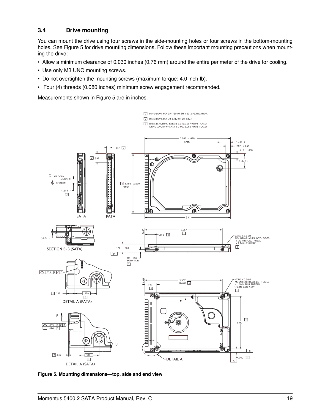 Seagate ST96812AS, ST98823AS, ST94813AS, ST93811AS, ST9120821AS Drive mounting, Mounting dimensions-top, side and end view 