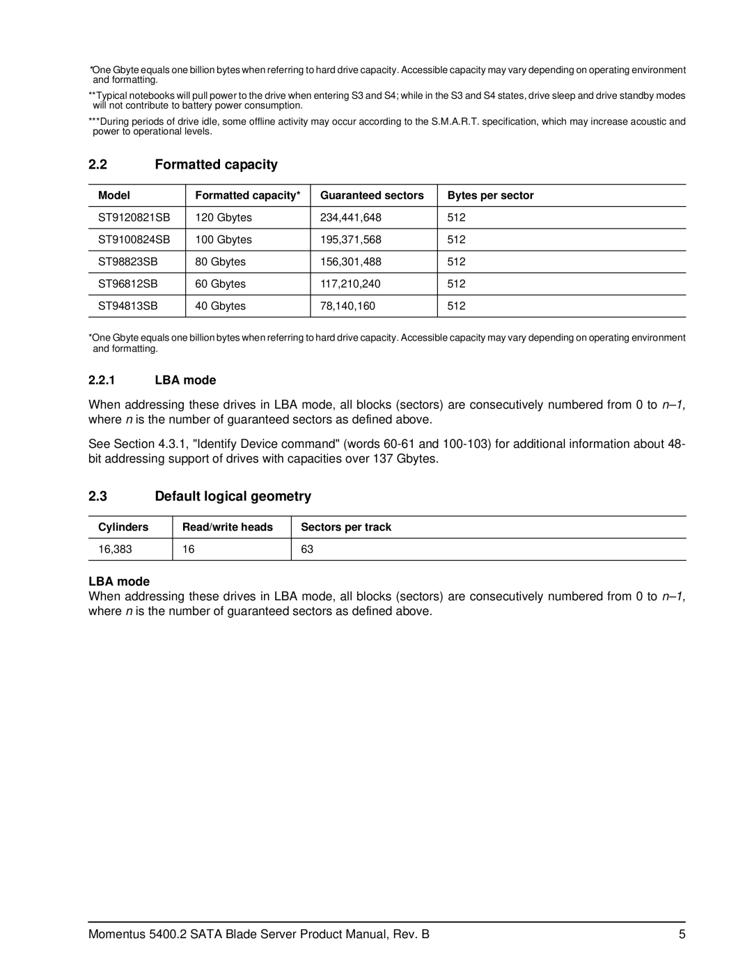 Seagate ST96812SB, ST98823SB, ST94813SB, ST9120821SB, ST9100824SB manual Formatted capacity, Default logical geometry, LBA mode 