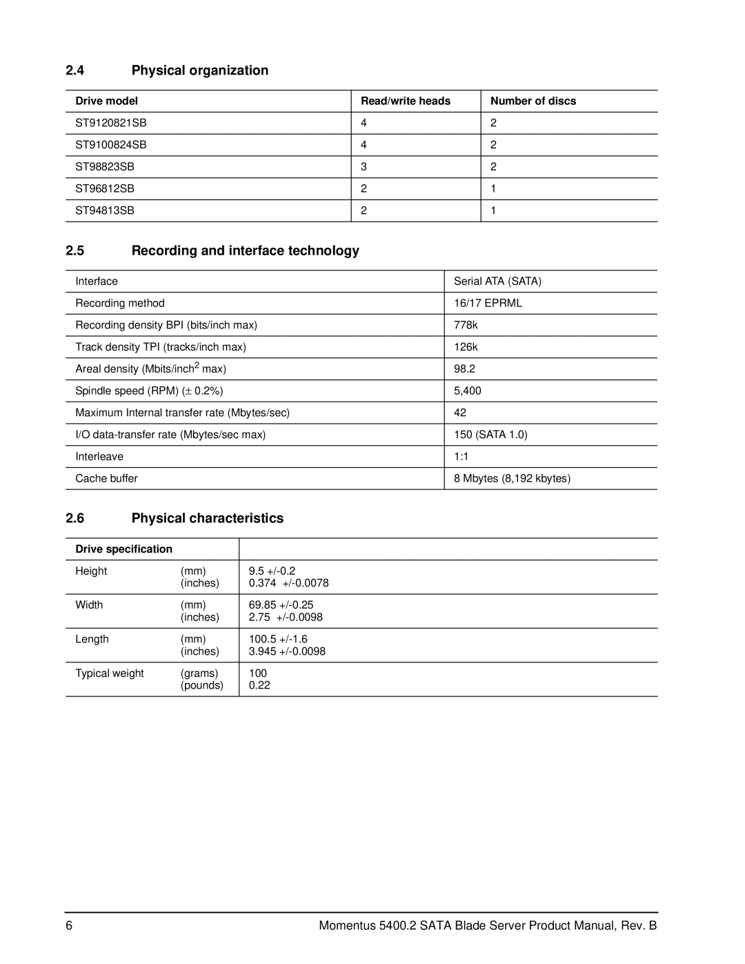 Seagate ST94813SB Physical organization, Recording and interface technology, Physical characteristics, Drive specification 