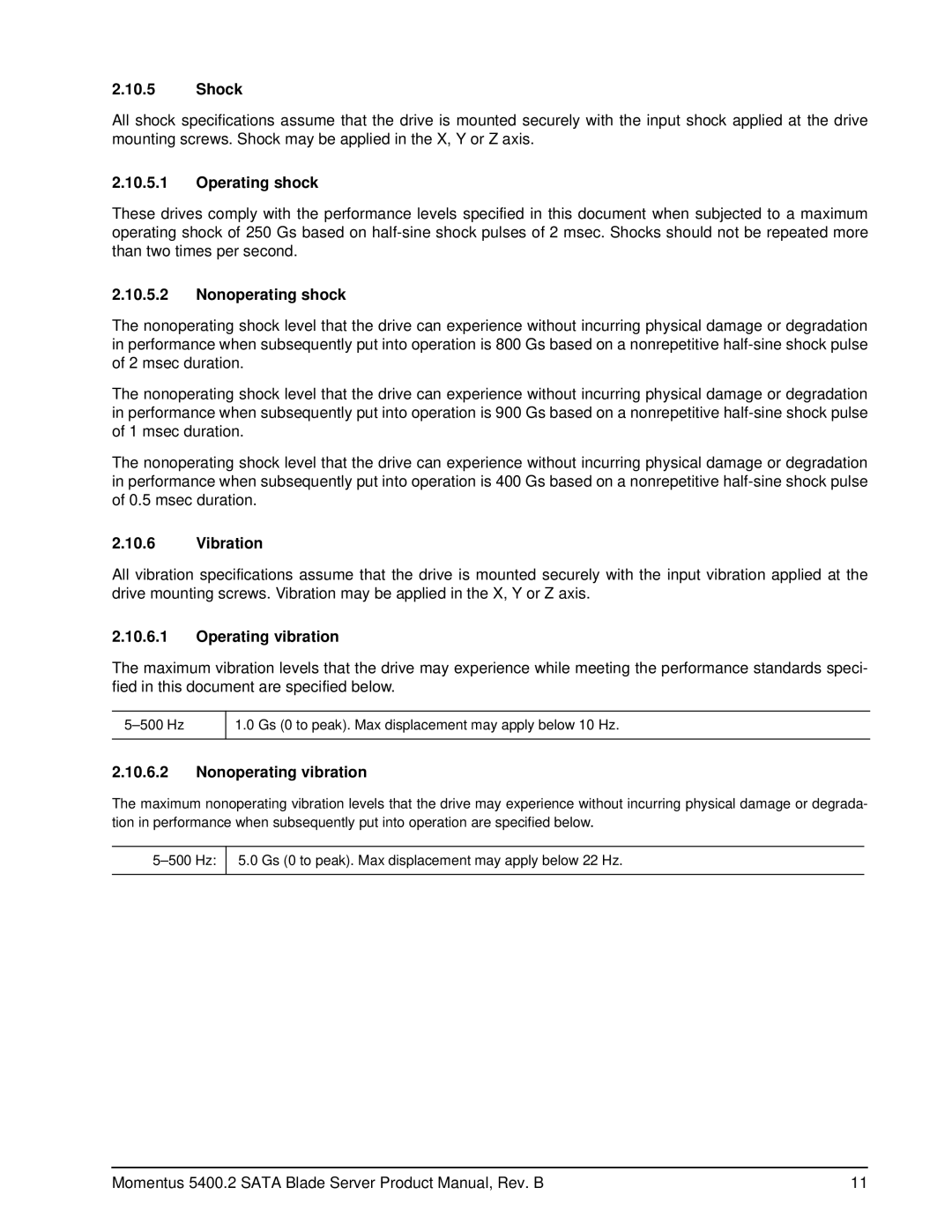 Seagate ST94813SB manual Shock, Operating shock, Nonoperating shock, Vibration, Operating vibration, Nonoperating vibration 