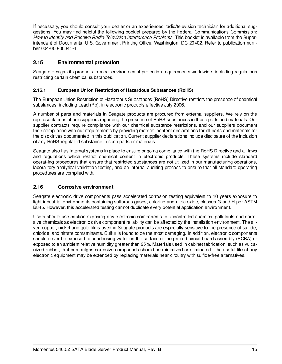 Seagate ST96812SB Environmental protection, Corrosive environment, European Union Restriction of Hazardous Substances RoHS 