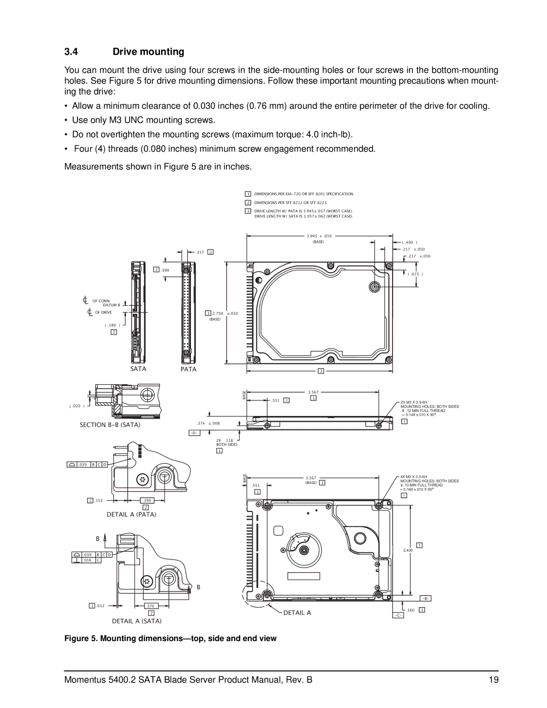 Seagate ST98823SB, ST96812SB, ST94813SB, ST9120821SB, ST9100824SB Drive mounting, Mounting dimensions-top, side and end view 