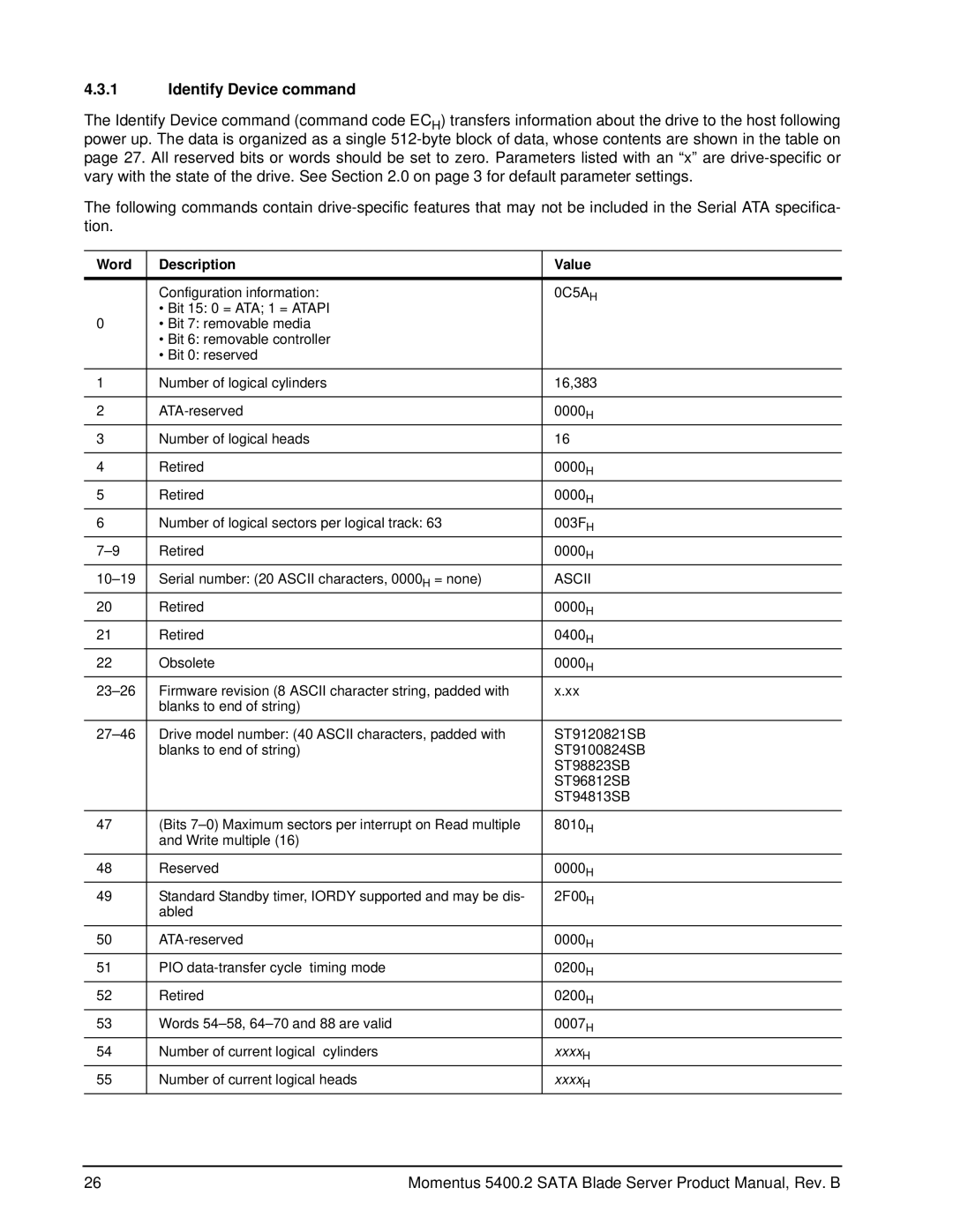 Seagate ST94813SB, ST98823SB, ST96812SB, ST9120821SB, ST9100824SB manual Identify Device command, Word Description Value 
