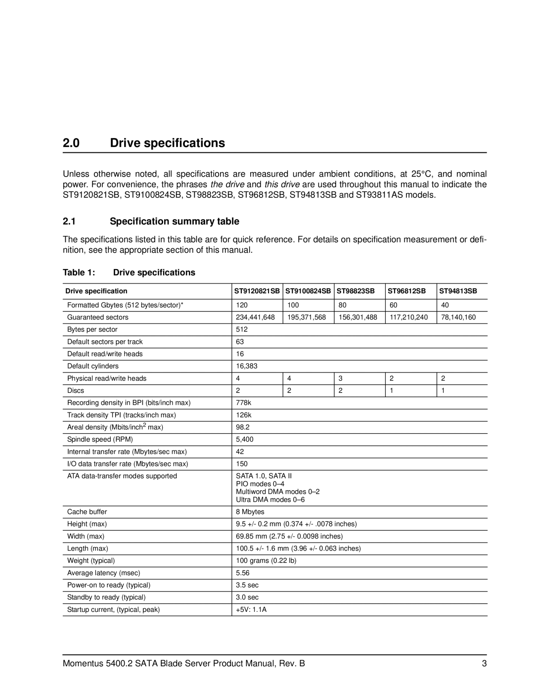 Seagate ST9100824SB, ST98823SB, ST96812SB, ST94813SB, ST9120821SB manual Drive specifications, Specification summary table 