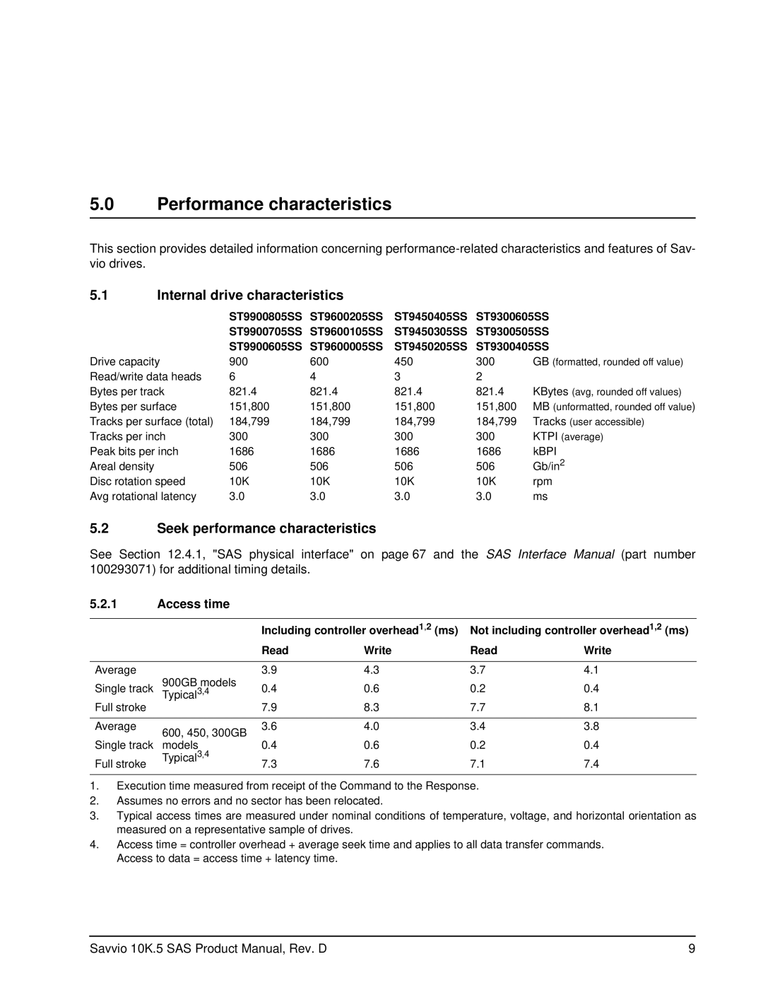 Seagate ST9600205SS manual Performance characteristics, Internal drive characteristics, Seek performance characteristics 