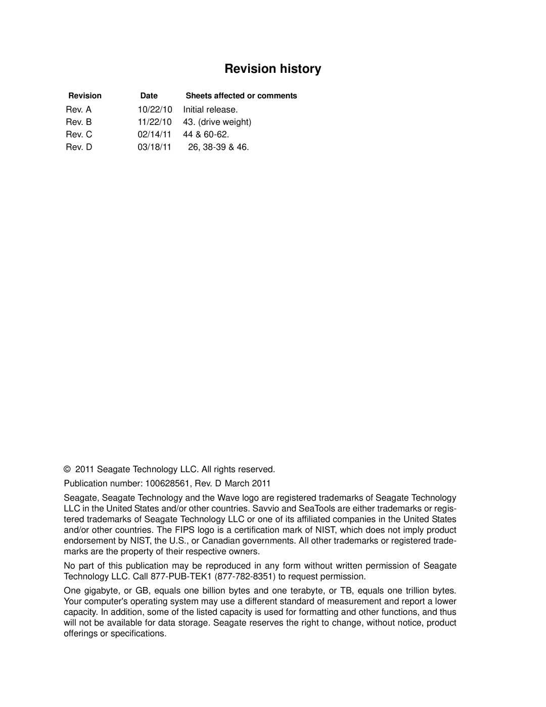 Seagate ST9900705SS, ST9900605SS, ST9900805SS, ST9600005SS manual Revision history, Revision Date Sheets affected or comments 