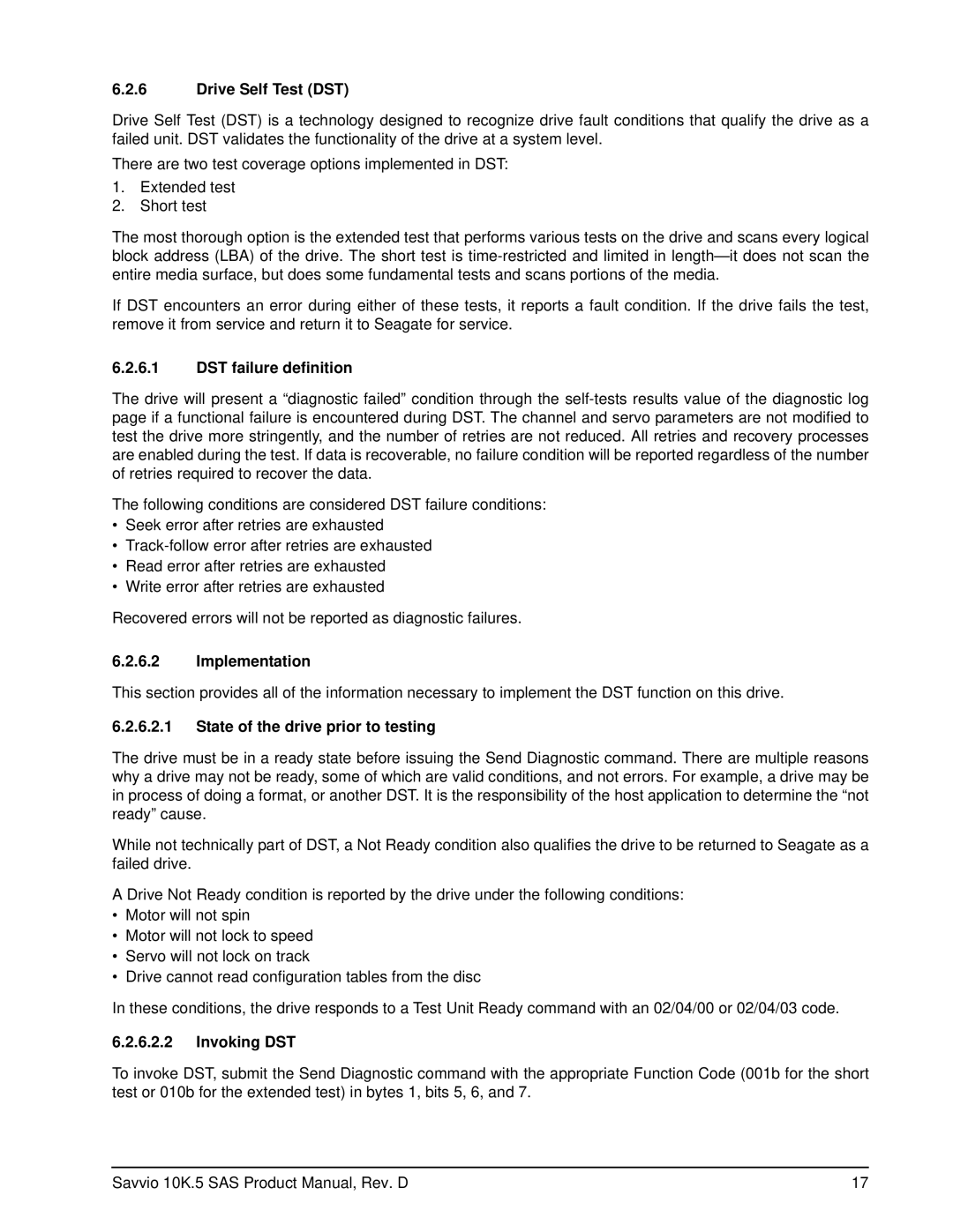 Seagate ST9900805SS manual Drive Self Test DST, DST failure definition, Implementation, State of the drive prior to testing 