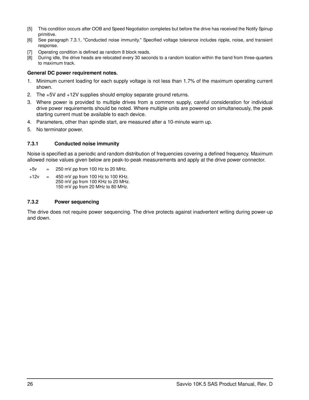 Seagate ST9300505SS, ST9900605SS manual General DC power requirement notes, Conducted noise immunity, Power sequencing 