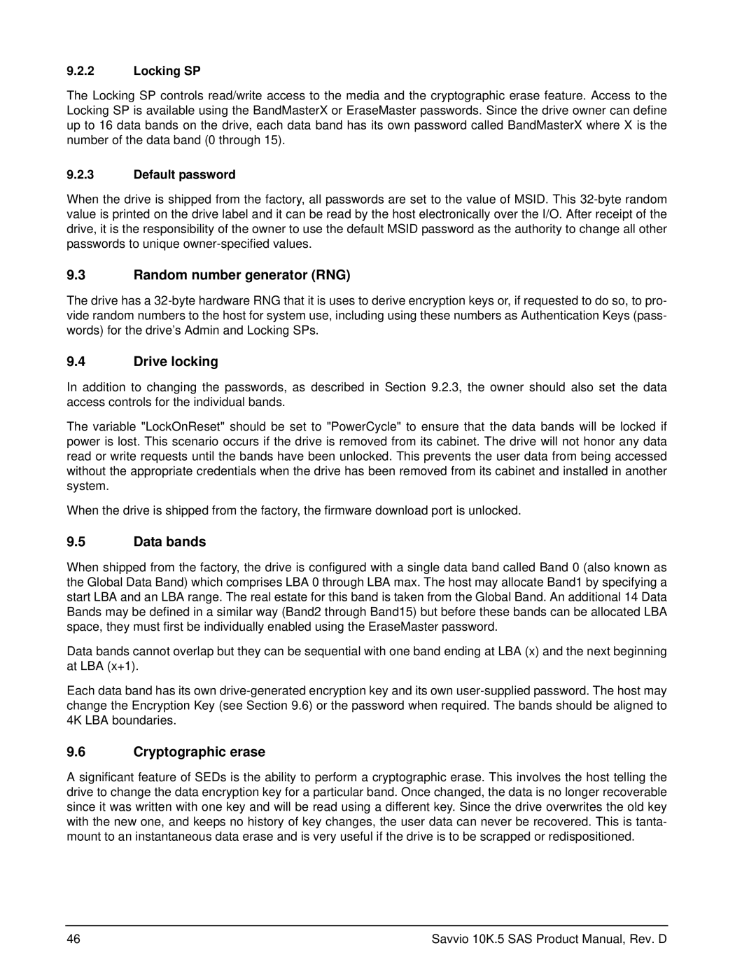 Seagate ST9450305SS, ST9900605SS, ST9900805SS Random number generator RNG, Drive locking, Data bands, Cryptographic erase 