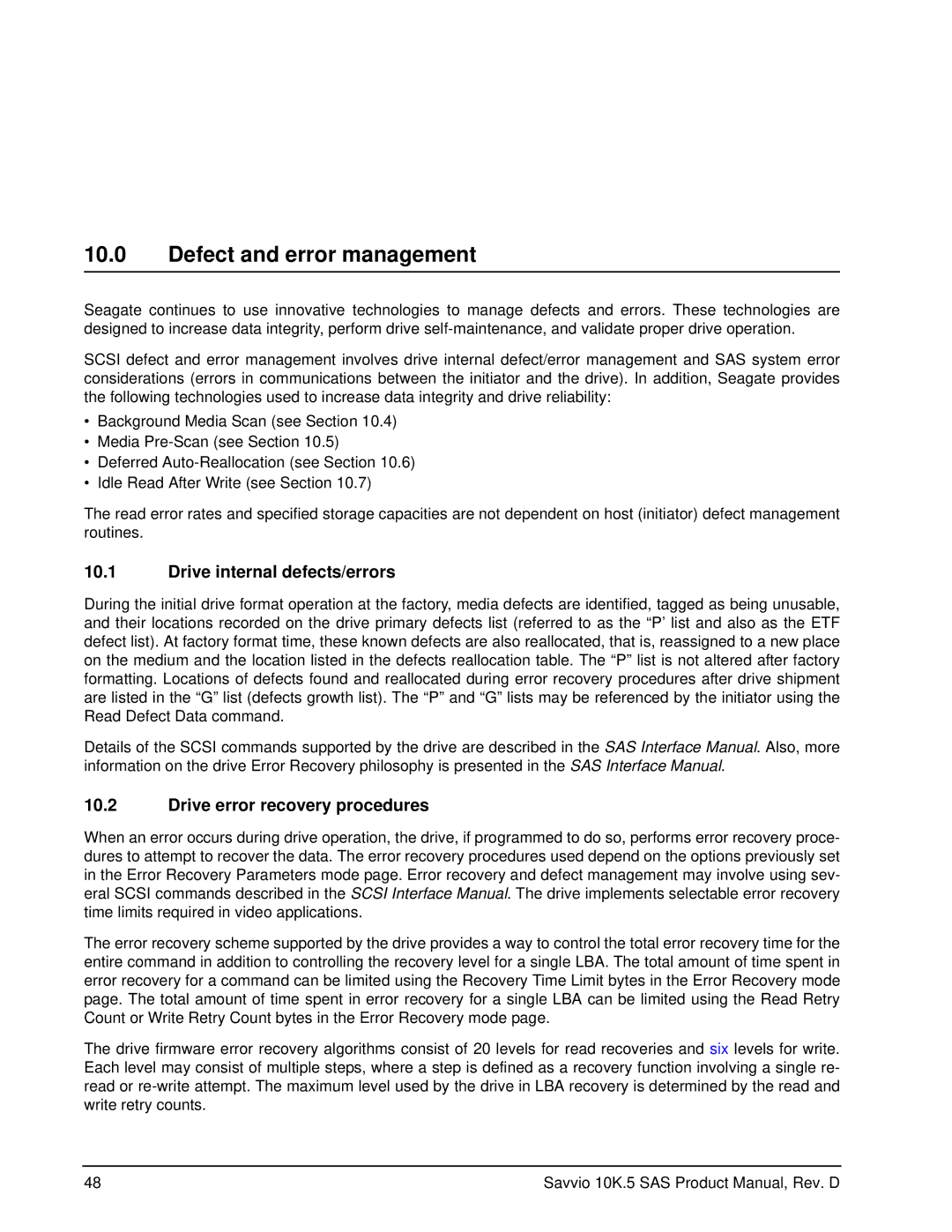 Seagate ST9450205SS manual Defect and error management, Drive internal defects/errors, Drive error recovery procedures 