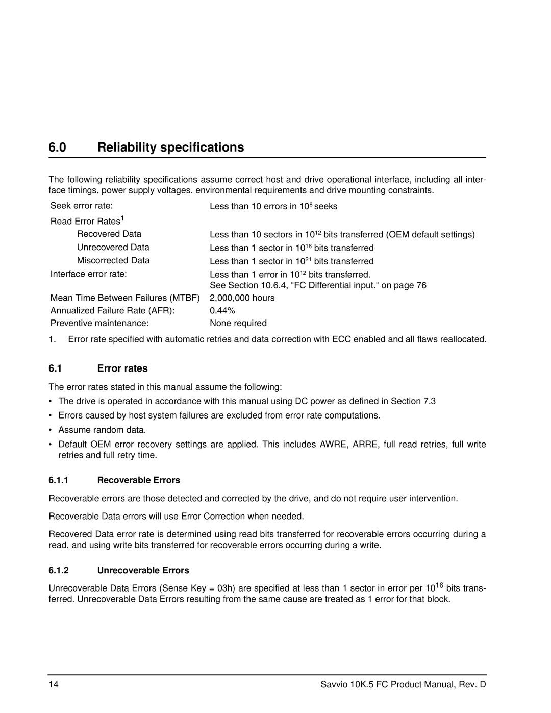 Seagate ST9900805FC, ST9600205FC manual Reliability specifications, Error rates, Recoverable Errors, Unrecoverable Errors 
