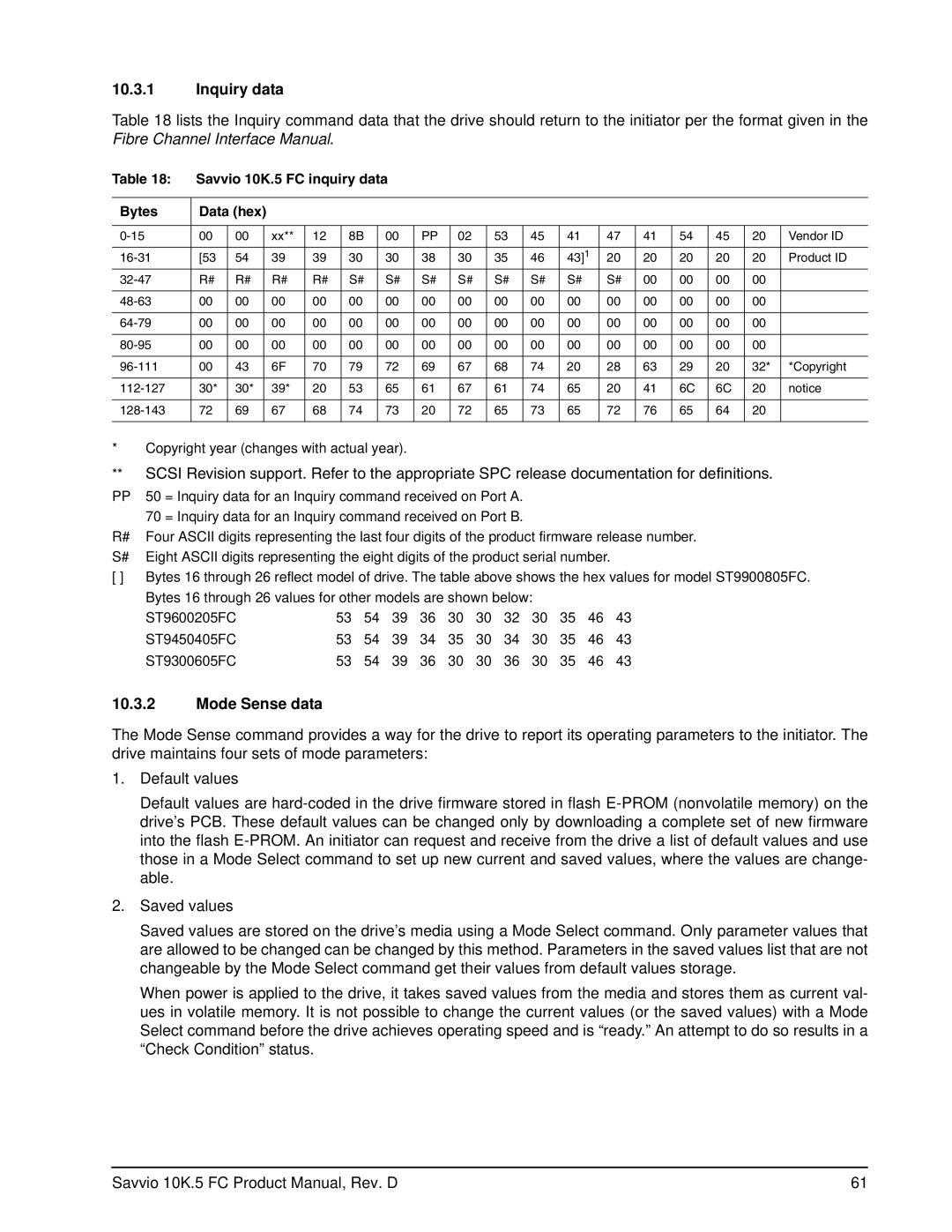 Seagate ST9300605FC, ST9900805FC, ST9600205FC Inquiry data, Mode Sense data, Savvio 10K.5 FC inquiry data Bytes Data hex 