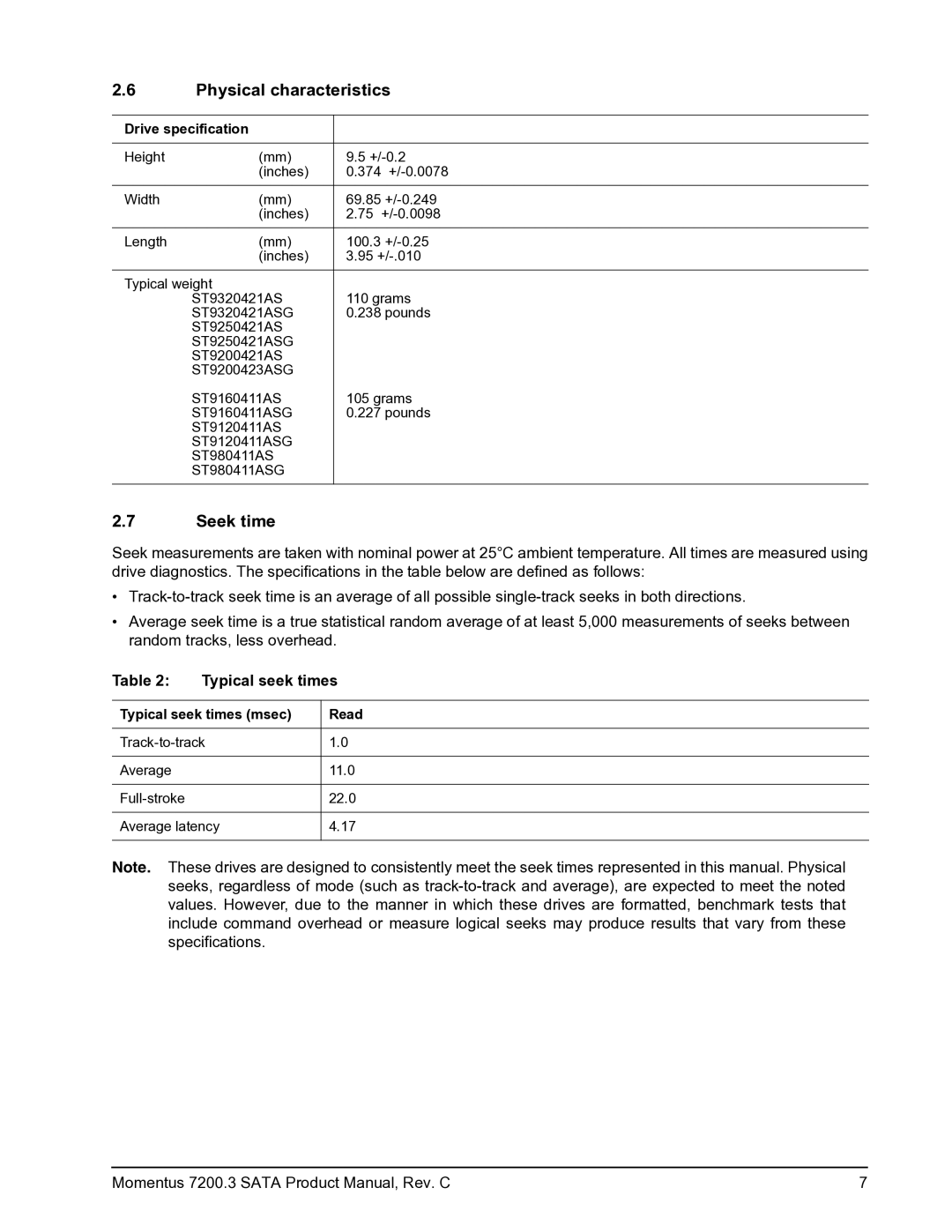 Seagate ST9120411ASG, STBD1000100, ST980411ASG Physical characteristics, Seek time, Typical seek times, Drive specification 