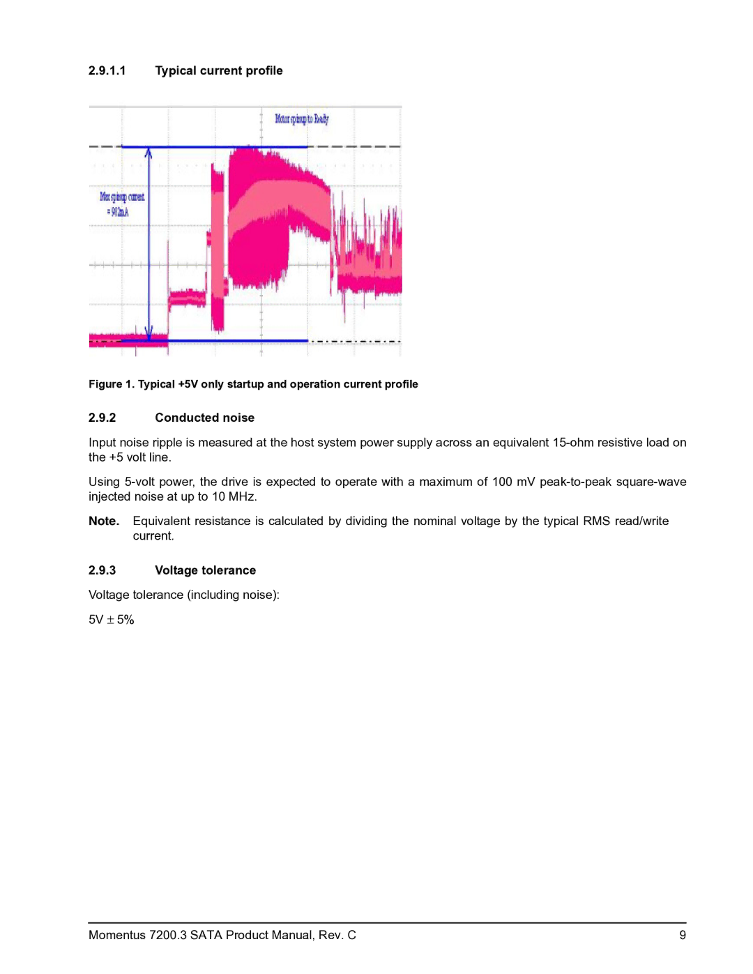 Seagate STBD1000100, ST980411ASG, ST9750420AS, 7200.3 manual Typical current profile, Conducted noise, Voltage tolerance 