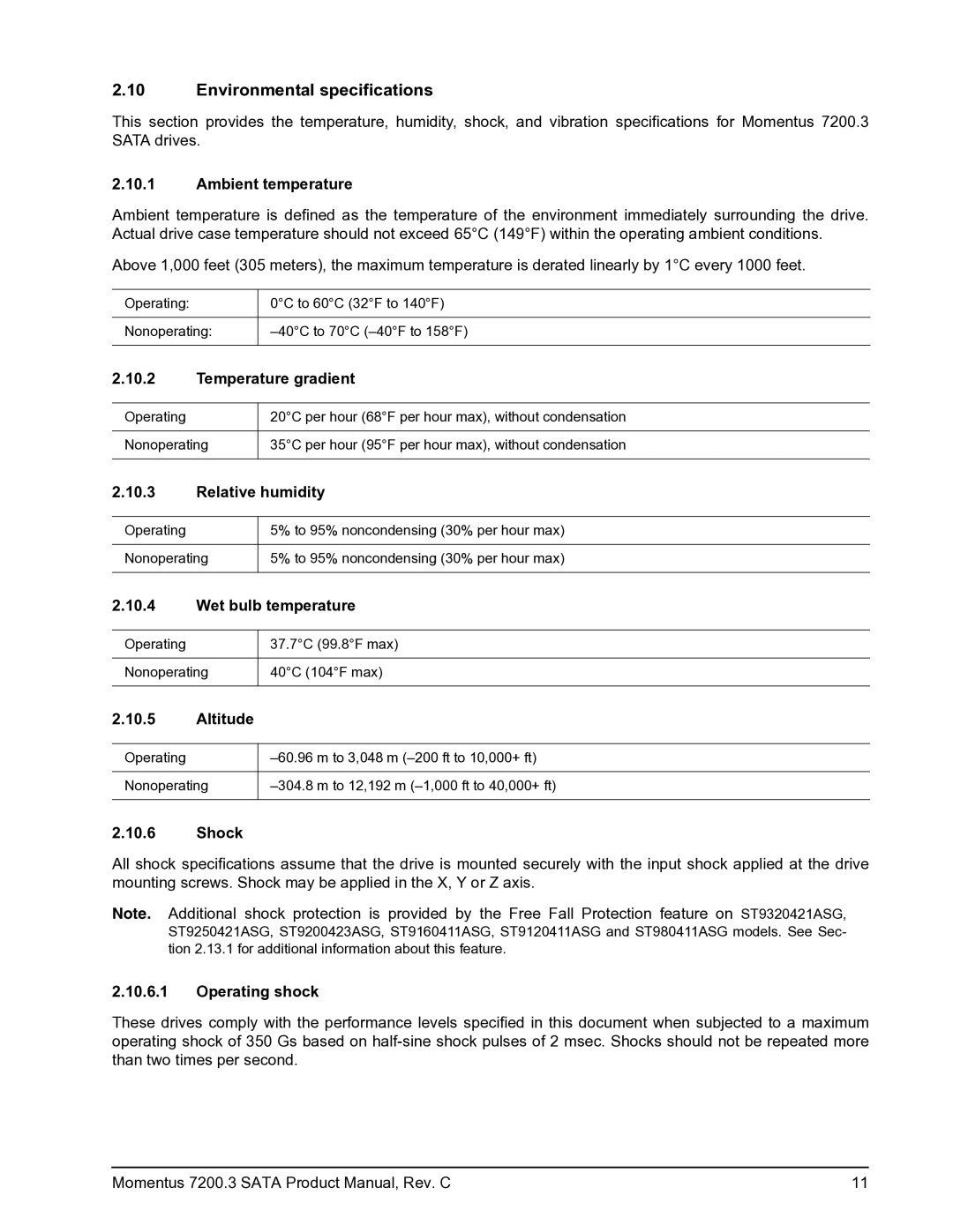 Seagate STBD1000100, ST980411ASG, ST9750420AS, 7200.3, ST9320421ASG, ST9250421ASG manual Environmental specifications 